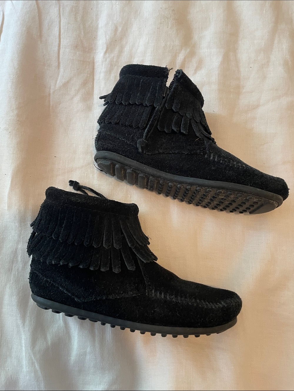 Minnetonka Black Suede Fringe Ankle Moccasins